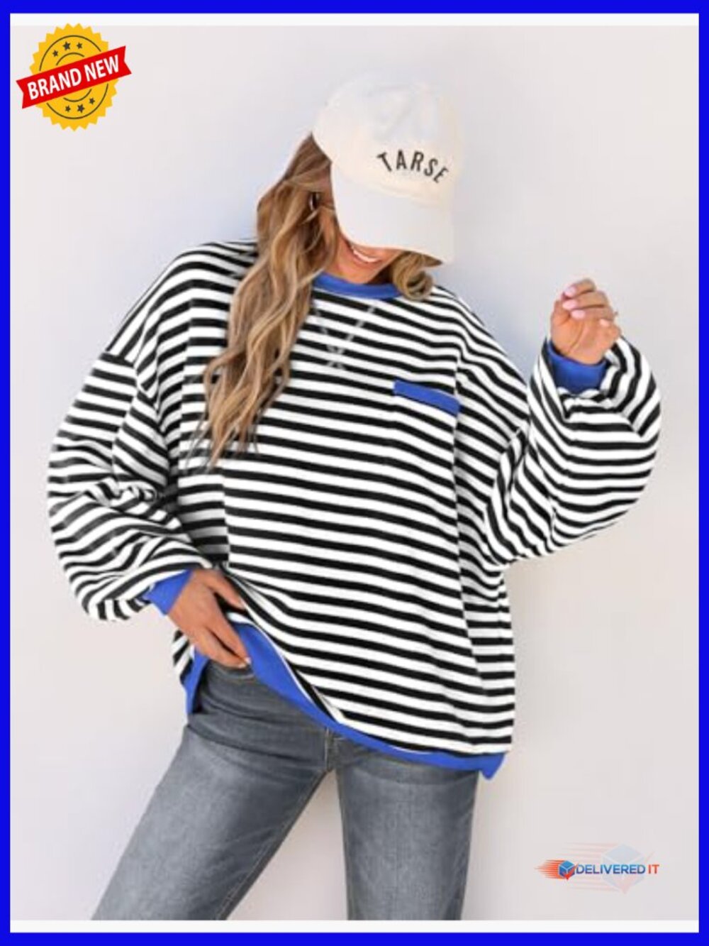 Oversized Crewneck Sweatshirt Dropped Shoulders Striped Pullover Long Sleeve Top - Picture 3 of 7